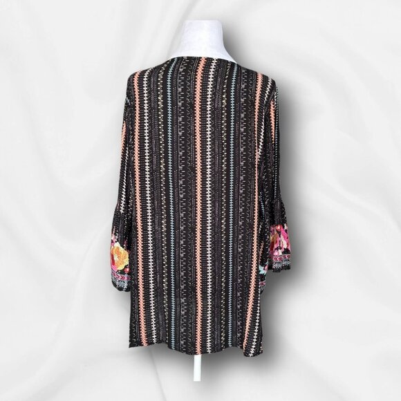 Savanna Jane Embroidered Boho Tunic Top Black Floral Stripes Bell Sleeve Sz 1X - Picture 3 of 11